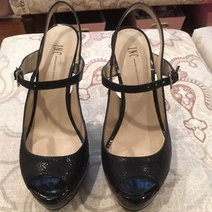 Inc Black Leather open toe platform pumps